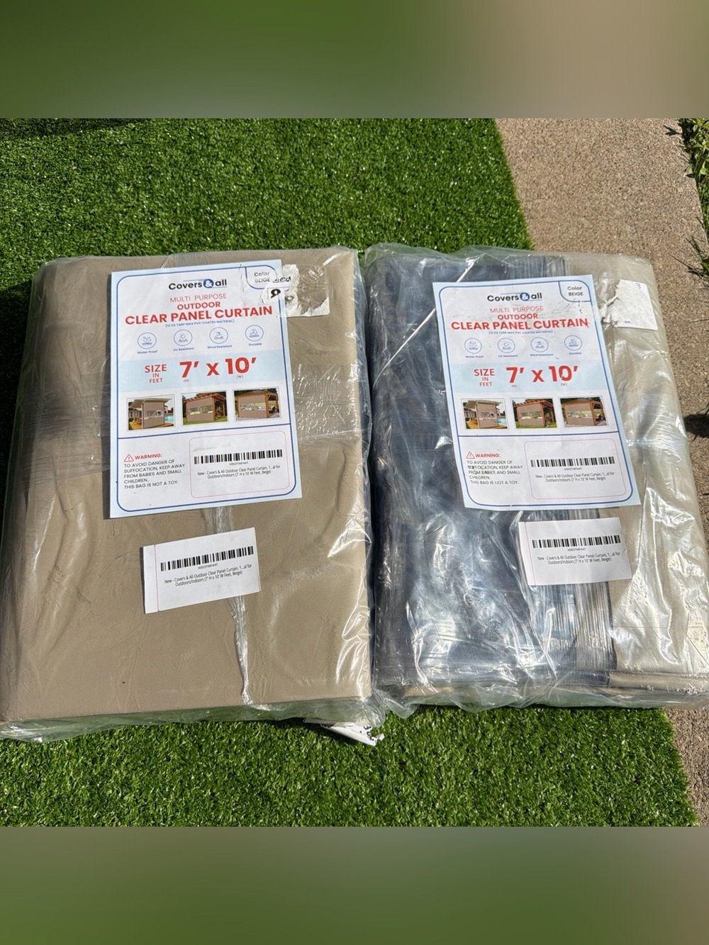 Set of 2 Covers & All Outdoor Clear Panel Curtains 7x10 Ft Beige Patio NEW